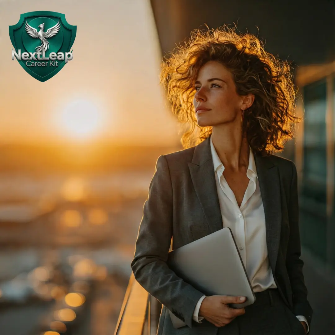 A dynamic shot of a person confidently walking into a modern office building, symbolizing a new career step.